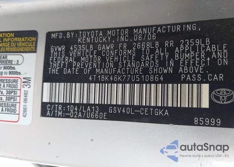 2007 Toyota Camry Xle V6 from USA, damaged, VIN 4T1BK46K77U510864